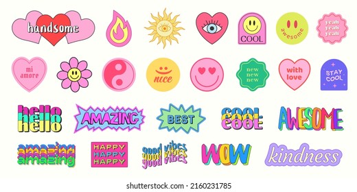 Set Of Cool Y2K Smile Stickers Vector Design. Trendy Pop Art Patches.