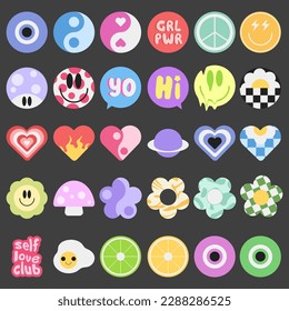 Set of Cool Y2K Smile Stickers Vector Design. Trendy Pop Art Patches.