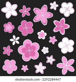 Set of Cool Y2K Stickers Cherry Blossom Vector Design. Trendy Sakura. 
