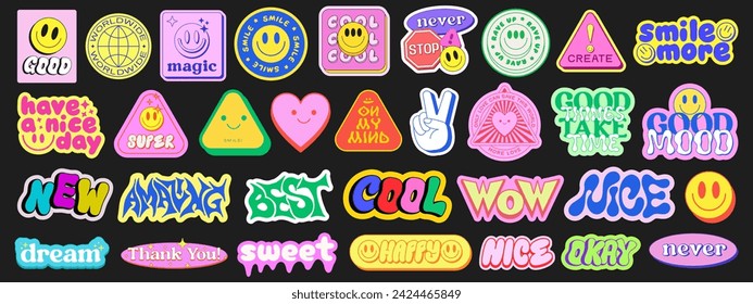 Set Of Cool Y2k Stickers Vector Design. Collection Of Pop Art Patches. Smile Emoji Graphic Elements. Groovy Badges. Graffiti Street Art Typography. 