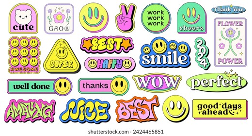 Set Of Cool Y2k Stickers Vector Design. Collection Of Pop Art Patches. Smile Emoji Graphic Elements. Groovy Badges. Graffiti Street Art Typography.