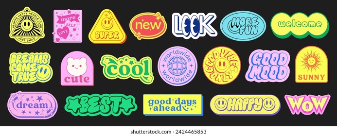 Set Of Cool Y2k Stickers Vector Design. Collection Of Pop Art Patches. Smile Emoji Graphic Elements. Groovy Badges. Graffiti Street Art Typography. 