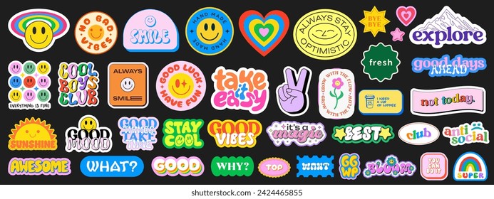 Set von coolen Y2k Aufkleber Vektor-Design. In: Collection of Pop Art Patches. Smile Emoji grafische Elemente. Groovige Abzeichen. Graffiti Street Art Typografie. 