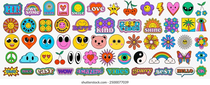 Set Of Cool Y2k Stickers Vector Design. Collection Of Groovy Patches. Pop Art Illustration. Cute Comic Funny Badges. Psychedelic Trippy Signs. 