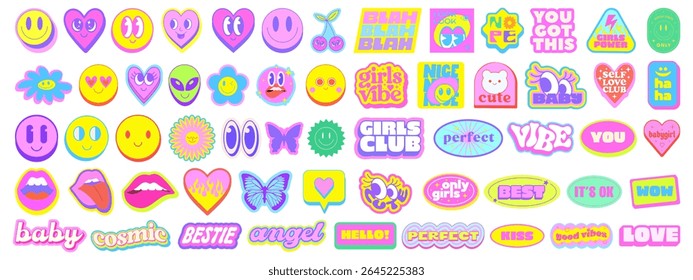 Set Of Cool Y2k Stickers Vector Design. Trendy Girl Cute Patches. Groovy Graphic Elements. Funny Funky Labels. Collection Of Pop Art Illustrations.