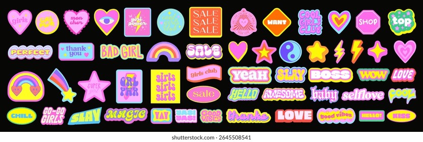 Set Of Cool Y2k Stickers Vector Design. Trendy Girl Cute Patches. Groovy Graphic Elements. Funny Funky Labels. Collection Of Pop Art Illustrations.