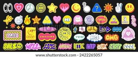 Set Of Cool Y2k Stickers Vector Design. Collection Of Pop Art Patches. Smile Emoji Graphic Elements. Groovy Badges. Graffiti Street Art Typography. 
