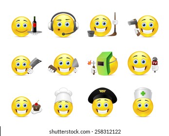 Set of cool yellow smiley face different professions