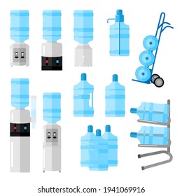 Set cooler for water on white backdrop. Cooler and bottle office, water delivery service, delivery cart with bottles in style flat vector illustration.