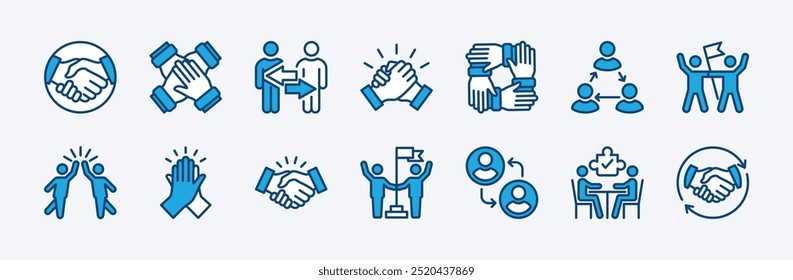 Set of cooperation icon vector. Containing teamwork, team working together, handshake, agreement, collaboration, achievement, support, success business, share, deal, meeting, goal, partnership