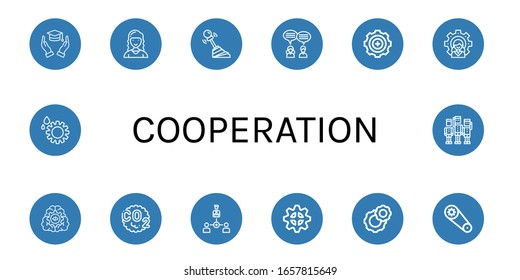 Set of cooperation icons. Such as Hands, Marketing director, Gear, Teamwork, Leader, Co, Collaboration, Cogwheel, Team , cooperation icons