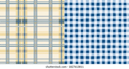 Set of Coordinated Repeat Hand Drawn Gingham Print and Classic Plaid Pattern.  Blue and Yellow Background