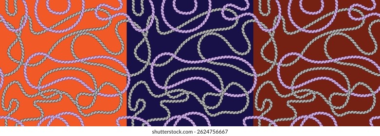 Set of coordinating seamless rope patterns. intertwined twisted cords in lavender and mint green against striking orange, navy blue, and burgundy backgrounds for fashion and home decor applications