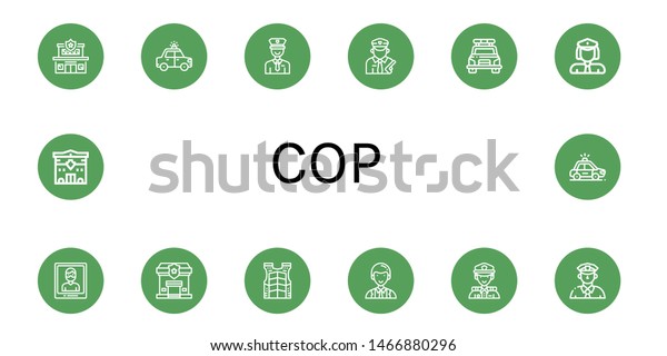 Set of cop icons such as Police station, Police car,\
Policeman, Policewoman, Arrest, Bulletproof vest, Officer, Police,\
Cop 