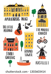 Set of copenhagen attractions in doodle style. Made in vector