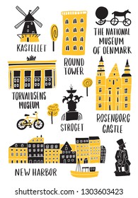 Set of copenhagen attractions in doodle style. Lettering. Made in vector