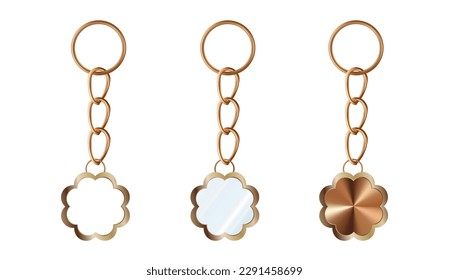 A set of copper or brass keychains in the shape of a flower. Chains made of metal or alloy. Metal key holders isolated on white background.