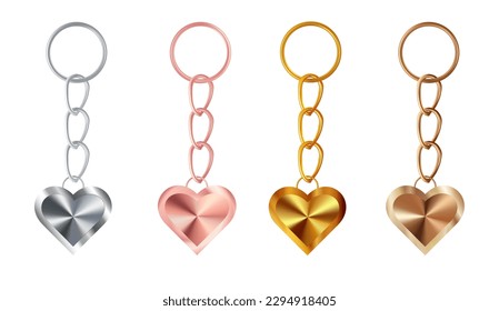 A set of copper or bronze, gold or brass, silver or steel, pink gold  keychains in the shape of a heart. Metal key holders isolated on white background. Realistic vector illustration.