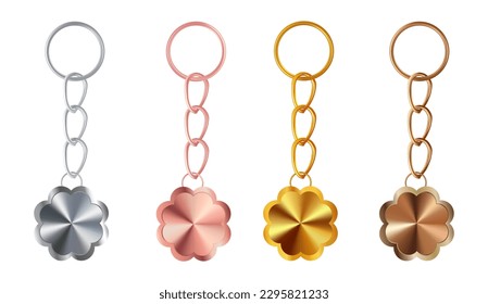 A set of copper or bronze, gold or brass, silver or steel, pink gold  keychains in the shape of a flower. Metal key holders isolated on white background. Realistic vector illustration.