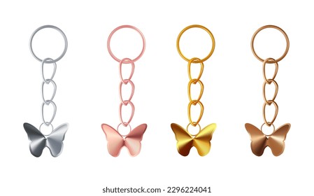 Un conjunto de cobre o bronce, oro o latón, plata o acero, cadenas de oro rosadas en forma de mariposa. Los portalámparas de metal están aislados en fondo blanco. Ilustración vectorial realista.