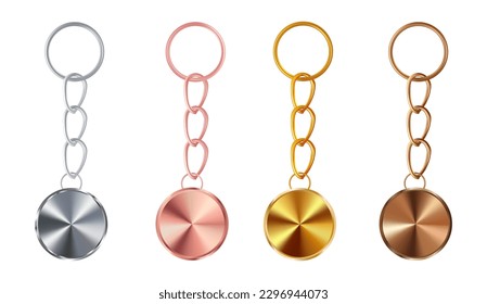 A set of copper or bronze, gold or brass, silver or steel, pink gold  keychains in the shape of a circle. Metal key holders isolated on white background. Realistic vector illustration.