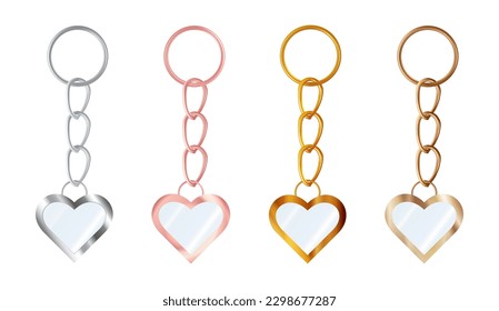 A set of copper or bronze, gold or brass, silver or steel, pink gold  keychains in the shape of a heart. Metal key holders isolated on white background. Realistic vector illustration