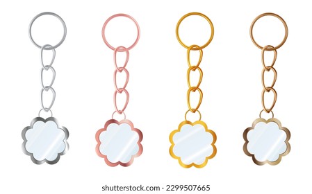 A set of copper or bronze, gold or brass, silver or steel, pink gold  keychains in the shape of a flower. Metal key holders isolated on white background. Realistic vector illustration.