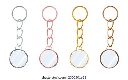 A set of copper or bronze, gold or brass, silver or steel, pink gold  keychains in the shape of a circle. Metal key holders isolated on white background. Realistic vector illustration.