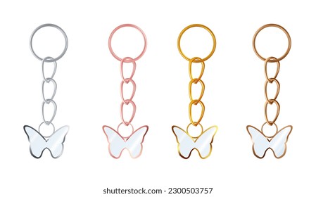 A set of copper or bronze, gold or brass, silver or steel, pink gold  keychains in the shape of a butterfly. Metal key holders isolated on white background. Realistic vector illustration.