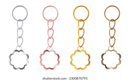 A set of copper or bronze, gold or brass, silver or steel, pink gold  keychains in the shape of a flower. Metal key holders isolated on white background. Realistic vector illustration.