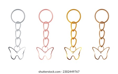 A set of copper or bronze, gold or brass, silver or steel, pink gold keychains in the shape of a butterfly. Metal key holders isolated on white background. Realistic vector illustration.