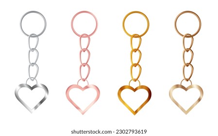 A set of copper or bronze, gold or brass, silver or steel, pink gold keychains in the shape of a heart. Metal key holders isolated on white background. Realistic vector illustration.