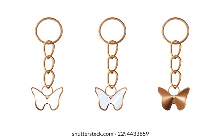 A set of copper or bronze keychains in the shape of a butterfly. Chains made of stainless steel. Metal key holders isolated on white background. Realistic vector illustration.