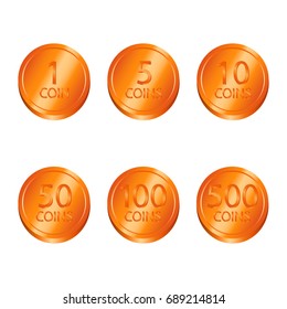 Set of copper coins. Coins worth one, five, ten, fifty, one hundred, five hundred coins. Vector illustration.