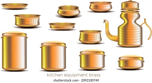 Set of copper cooking kit on table in kitchen 