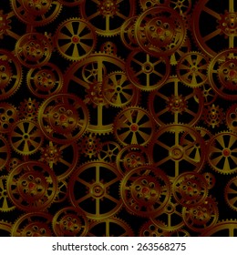 set of copper gears on a black background, seamless pattern vector illustration