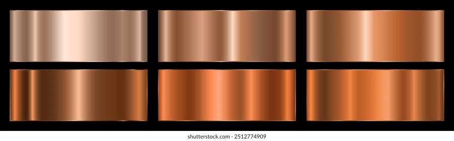 A set of copper metal gradients on a black background. Banners with a metallic copper gradient texture. Vector illustration.