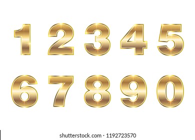 Set copper numbers from 1 to 0 for anniversary, new year logo celebration signs. Bronze style. Gold sparkling texture. Numbers with golden glitter effect on white background. Vector illustration.