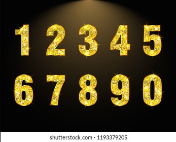 Set copper numbers from 1 to 0 for anniversary, new year logo celebration signs. Bronze style. Gold sparkling texture. Numbers with golden glitter effect on black background. Vector illustration.