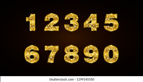 Set copper numbers 1 2 3 4 5 6 7 8 9 0 for anniversary, new year celebration signs. Bronze style. Gold sparkling texture. Numbers with golden glitter effect on black background. Vector illustration.