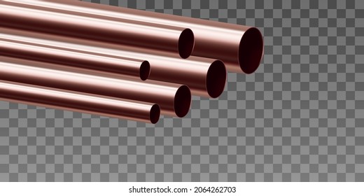 A set of copper pipes of various diameters. Copper pipe profiles. Realistic vector illustration isolated on transparent background.