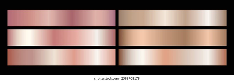 Set of copper, rose gold metal pattern.   Vector golden elegant, shiny and metalic gradient collection for border, frame, ribbon, label design.