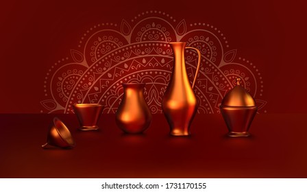 Set of copper vintage dishes. Vector illustration