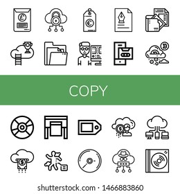 Set of copy icons such as Document, Cloud, Price tag, Editor, Cassette, Compact disc, Plotter, Crime scene, Cd, Dvd , copy