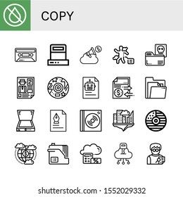Set of copy icons. Such as Ink, Cassette, Scanner, Cloud, Crime scene, Documents, Leaflet, Disc, Document, Dvd, Cd, Editor , copy icons