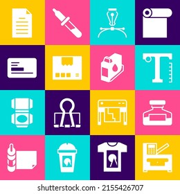 Set Copy machine, Ink bottle, Text, Fountain pen nib, Carton cardboard box, Business, File document and Printer ink cartridge icon. Vector