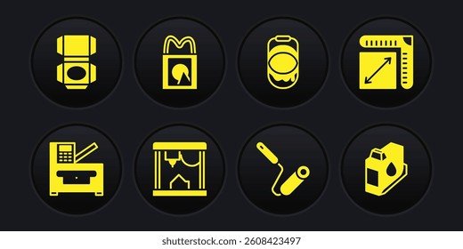 Set Copy machine, Paper size, 3D printer, Paint roller brush, bucket, shopping bag, Printer ink cartridge and Carton cardboard box icon. Vector