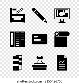 Set Copy machine, Pencil with eraser, Computer monitor screen, Pantone, Stamp, Document graph chart, Brochure and Business card icon. Vector