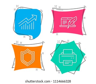 Set of Copyright laptop, Security and Demand curve icons. Printer sign. Writer device, Protection shield, Statistical report. Printing device.  Flat geometric colored tags. Vivid banners. Vector
