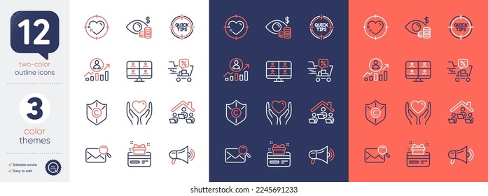 Set of Copyright protection, Search mail and Video conference line icons. Include Hold heart, Work home, Business vision icons. Tips, Loyalty card, Megaphone web elements. Discounts cart. Vector